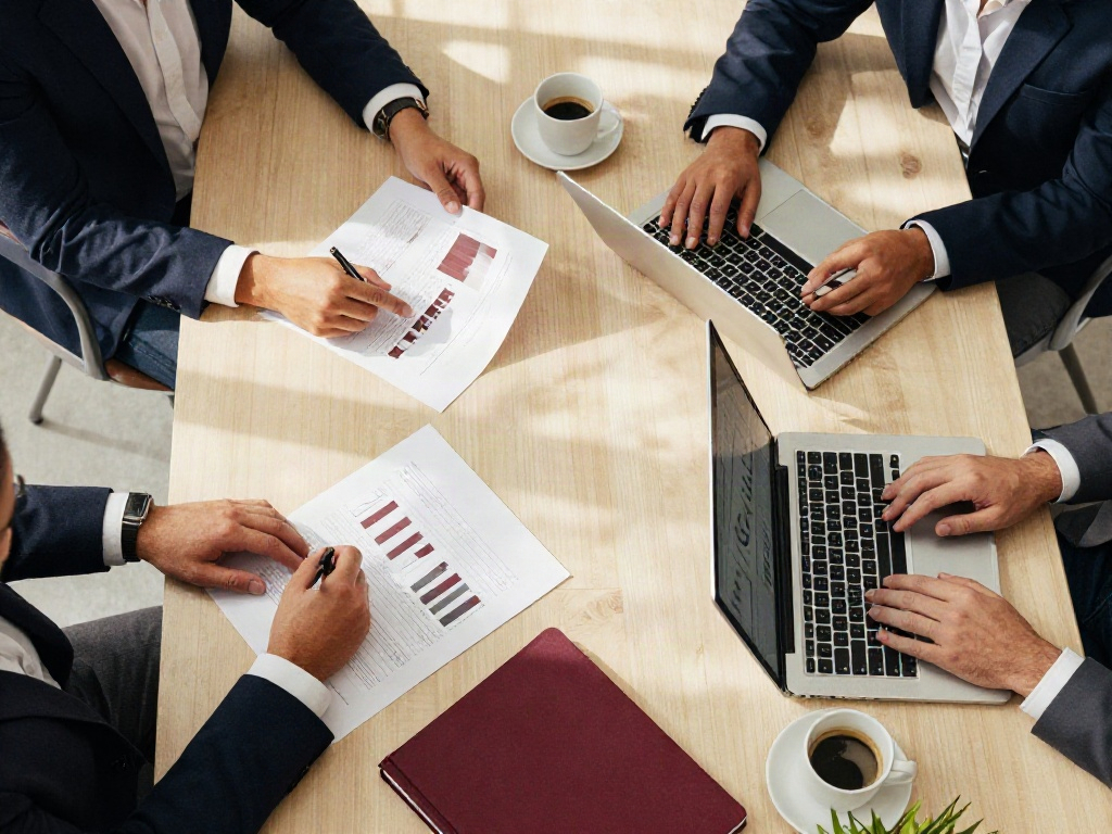 An overhead view of a collaborative business review with charts, notes, and a laptop
