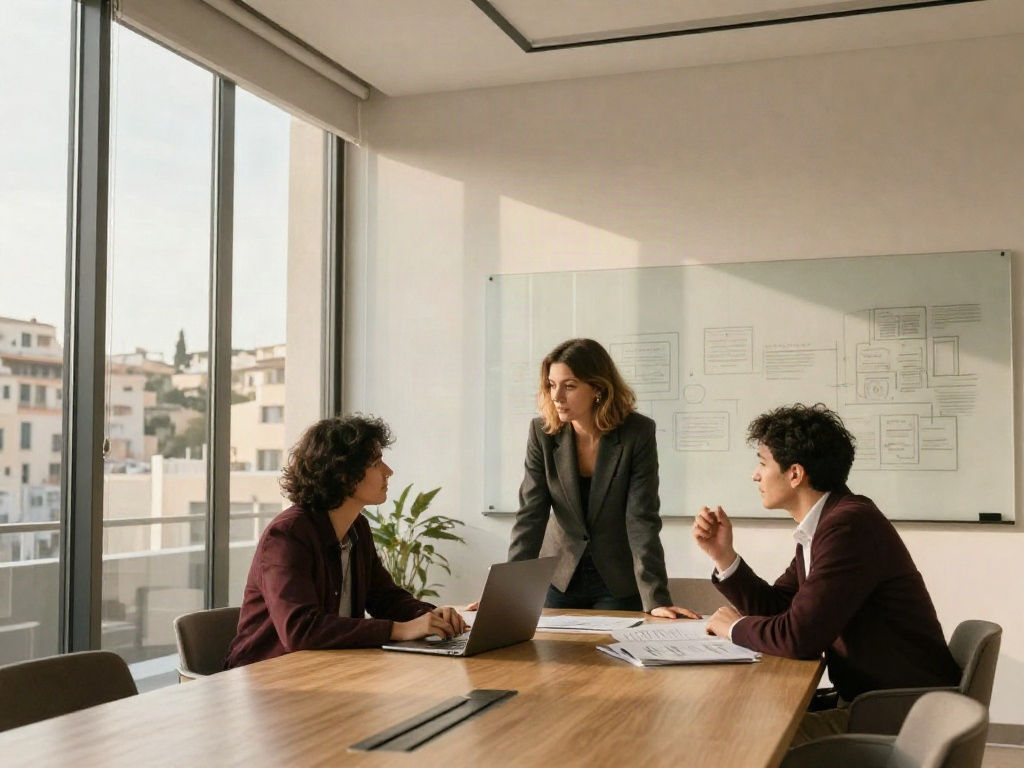 Consultants collaborating on a business strategy in a sunlit meeting room
